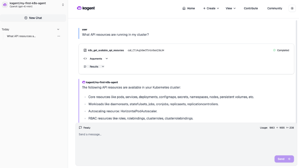 kagent web dashboard chat